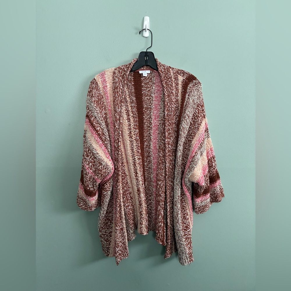 J Jill Dolman Nubby Pink Brown Marled Striped Spring Cardigan Sweater Sz M